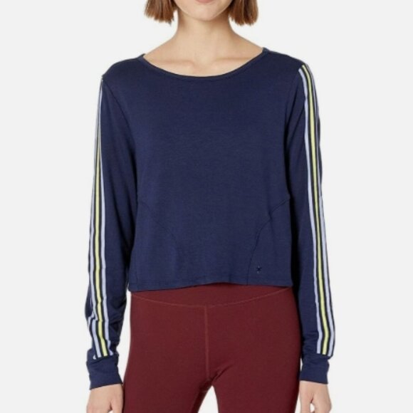 Splendid Open Back Cropped Sweatshirt Navy– Striped Sleeves – Size S – NWT - Picture 7 of 12